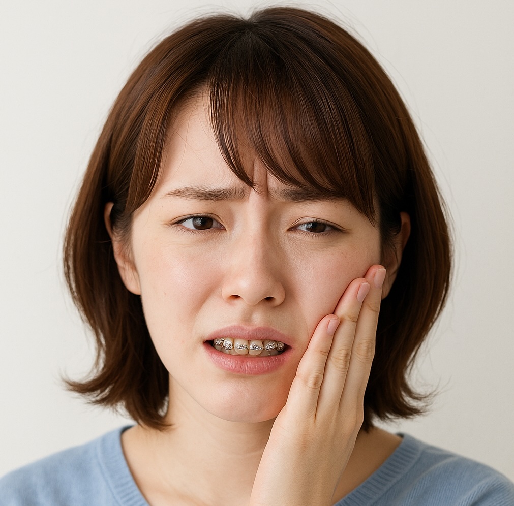 歯の矯正中で歯を痛がる女性
